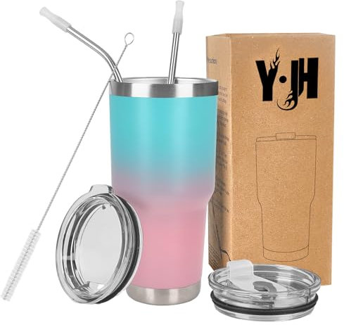 Y·J&H 30oz (850ml) Doppelwandig Vakuum Isolierter Autobecher, Edelstahl Reiseflasche, Thermobecher Kaffee to Go mit 2 Spritzfestem Deckel 2 Strohhalm, Rohrbürste,BPA Free - Türkis&Rosa