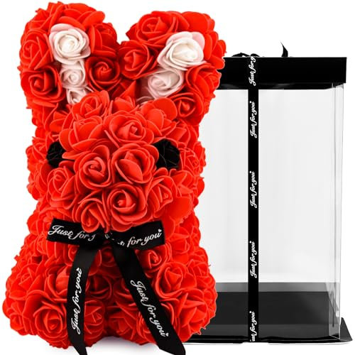 TJC Rose Teddy Bear Flower Bear with Gift Box Birthday Romantic Valentines Gifts for her Girlfriend Love Friends Wife Fiancée PE Material with Bow Tie Everlasting Forever Red and White