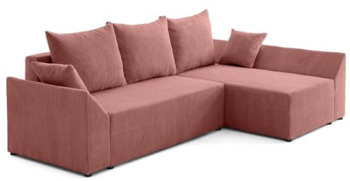 Best Mobilier - Canapé d'angle Convertible avec Coffre Réversible Mike en Velours Côtelé - Canapé Lit - Sofa Rose 4 Places - Angle Droit - ou Gauche - Salon