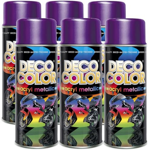 Deco Color 6er Sparpack Lackspray Metallic VIOLETT 400ml - Sprühlack mit Metallic Effekt für z.B. KFZ, Fahrrad uvm. (6 Dosen Lackspray Violett mit Metallic-Effekt)