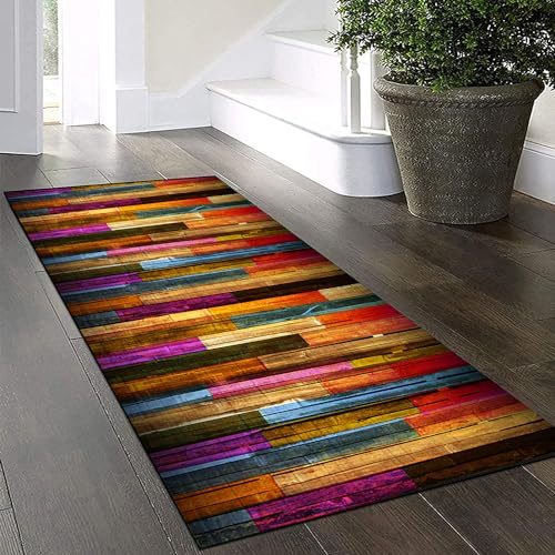Yinghesheng Teppich Läufer Flur Küche rutschfest Waschbar Teppichläufer Lang 90x180cm Bunter Holzmaserung Patchwork Küchenläufer Meterware Korridor Tepiche Kücheteppich Flurmatten Breit 40-140Cm