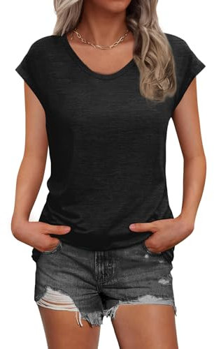 GoPaw Women's V Neck T-Shirts Cap Sleeve T-Shirt Casual Loose Fit Blouses Summer Tank Tops Basic Tee Tops (UK, Alpha, L, Regular, Regular, Black)