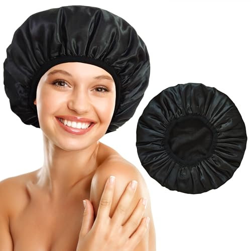 choshion Large shower cap reusable waterproof, Terry Lined Shower Caps for Women, Silk Bonnet for Sleeping Women Men