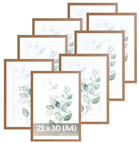 VictoR Bilderrahmen Dali 8er Set 21x30 cm (A4) braun | Fotorahmen Holz A4 - Bilderrahmen Set braun 21x30 - moderner Holzrahmen mit bruchsicherem Acrylglas
