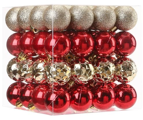 Sea Team 64er-Pack Weihnachtskugeln mit Schnüren, mittelgroße Bauble von 40mm/1,57 Zoll, bruchsichere Plastik-Weihnachtsbirnen, Hängedekorationen für Weihnachtsbaum, Feier, Party.Rot&Gold