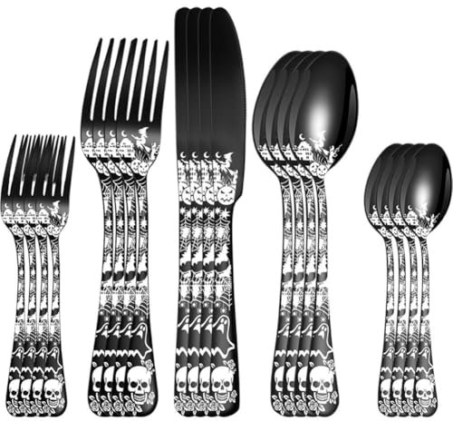 Lpitoy 20 Piece Halloween Themed Skeleton Silverware Set, Skull Gothic Cutlery Set Includes Knife Fork and Spoon, Stainless Steel Flatware Tableware for Halloween Easter and Christmas, Black