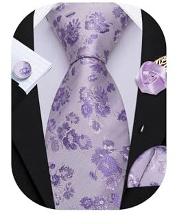 Barry.Wang Krawatte mit Blumenmotiv für Herren, Seidenkrawatte, Einstecktuch, Manschettenknöpfe, Set, formelle Hochzeit, Party, Business, Lavendel-Silber, Einheitsgröße