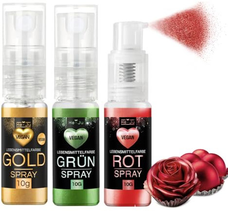 He-Ju Lebensmittelfarbe Spray 3x 10g, gold, rot, grün, Goldpulver essbar vegan und E171 frei, essbarer Glitzer für Getränke
