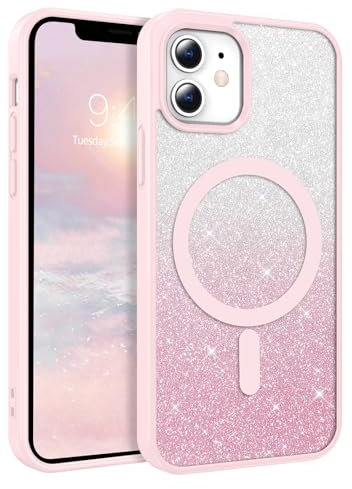 DOMAVER Glitzer Hülle für iPhone 12 mini/iPhone 13 mini Kompatible mit Mag Safe, Handyhülle iPhone 12 mini/iPhone 13 mini Case, 2 in 1 Use Transparent Magnetsich Schutzhülle für Damen Mädchen, Rosa