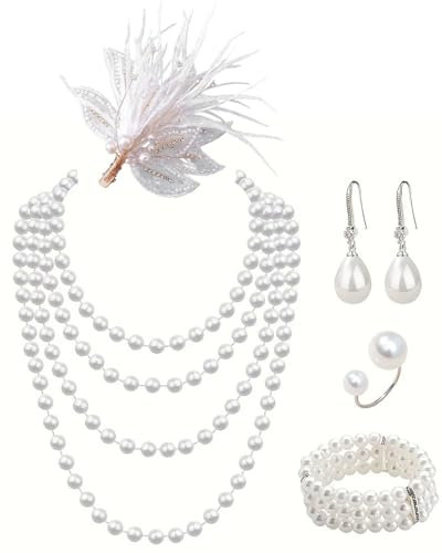 TPZORJX 5-teiliges Vintage Perlen Schmuckset - Halsketten, Haarnadeln mit Federn - Modeschmuck für Party, Abschlussball, Hochzeit, Festival, Karneval
