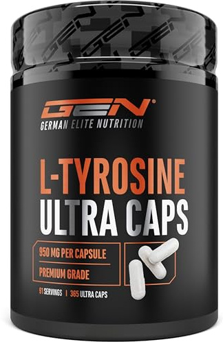 GEN GERMAN ELITE NUTRITION L-Tyrosin Ultra Caps - 365 Kapseln | 950 mg L-Tyrosin - Pflanzliche Fermentation - Hochdosiert - Laborgeprüft