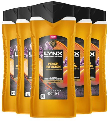 Lynx Fine Fragrance Collection Body Wash for Men Peach Infusion, Pack of 5, Premium Shower Gel Infused with Essential Oils That Gives You 12 Hours of Freshness, 400 ml
