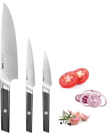 GEFU Messer-Set ACURO 3-teilig - Kochmesser Allzweckmesser Gemüsemesser | Präziser deutscher Klingenstahl - Ergonomische Griffe mit Erl & Niete - Scharfes 3er Set zum Schneiden & Hacken