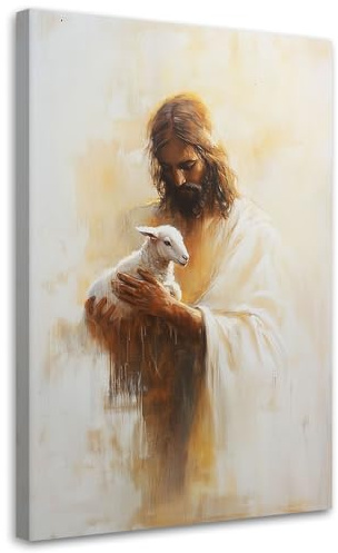 Feeby Leinwand Bilder - Bild Wohnzimmer - Jesus mit Lamm auf den Armen - 60x90 1tlg - Deko Schlafzimmer Groß - Dekoration Canvas - Gemälde - Modern Wandbilder - Kunstdruck