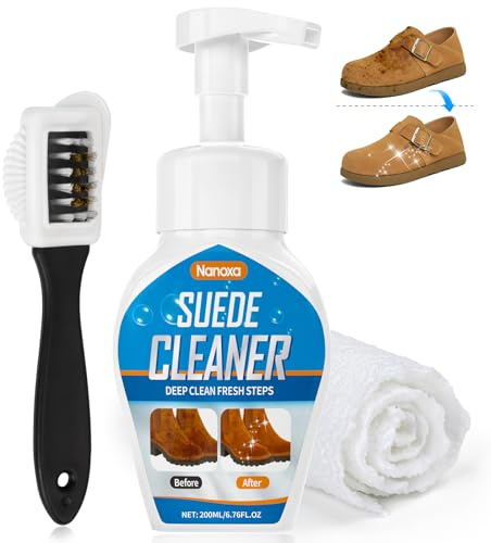 Nanoxa Suede Cleaner, 200ML Suede & Nubuck Shoe Cleaner Kit with Brush & Towel, No-Rinse Foam Formula Shoe Cleaning Kit for Suede, Nubuck, Leather, Boots, Sneakers and Trainers
