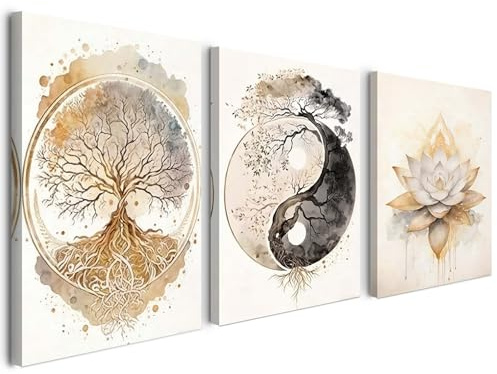Alptiny Spirituelle Leinwandbilder 3er Set 30x40 cm – Lotus, Yin Yang & Lebensbaum Wanddeko für Wohnzimmer, Moderne Kunstbilder mit Rahmen, HD Druck, Ohne Bohren montierbar
