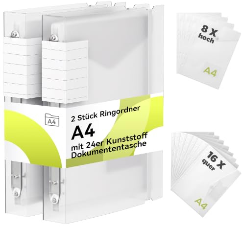 2er-PackDokumentenmappe A4 zum Abheften – Ringordner A4 Schmal, 24 Taschen | 24 herausnehmbare Dokumententaschen A4 abheftbar, 16 Quer + 8 Hoch, Klettverschluss, transparent – für Büro, Schule & Zuhause