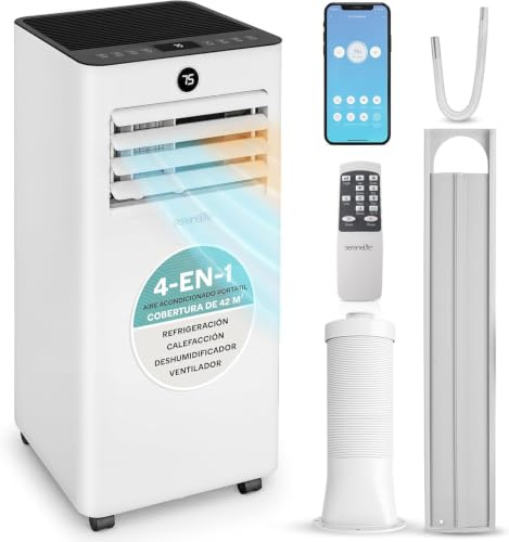SereneLife Climatiseur portable 9000 BTU 2,93 kW avec tuyau d'échappement, unité 4 en 1 avec WiFi, refroidissement, chauffage, ventilateur et déshumidificateur, pour pièces jusqu'à 31 m