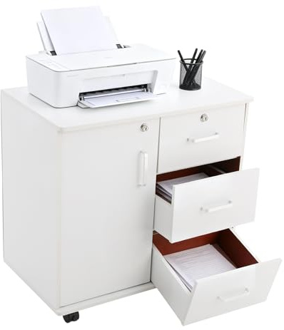 DAHAD Cassettiera in legno con 3 cassetti e vano armadio | Tavolo per stampante, armadio con serratura, armadietto da scrivania per ufficio, casa, massimo Portata 60 kg, bianco caldo