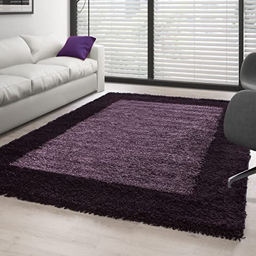 Carpettex Hochflor Teppich Wohnzimmer Shaggy Flokati Teppich Modern Bordüre Design 160 x 230 cm Violett - Teppich Schlafzimmer Weich Flauschig Waschbar Teppich Küche Esszimmer - Langflor Teppiche