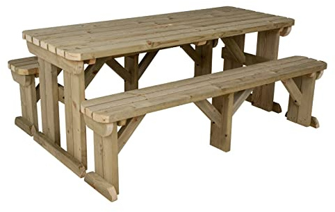 Arbor Garden Solutions 12 Seat Wooden picnic table and benches set, Aspen rounded patio furniture (8ft, Natural (light green))
