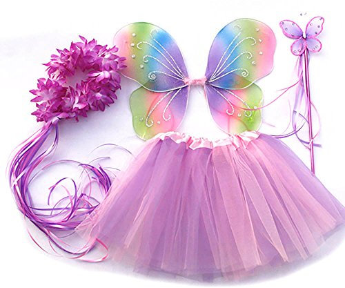Tante Tina Costume Farfalla per bambina - Vestito farfalla da bimba in 4 pezzi, quali Gonna in tulle, ali, bacchetta e cerchietto - Arcobaleno - Indicato per i bambini da 2 a 8 anni