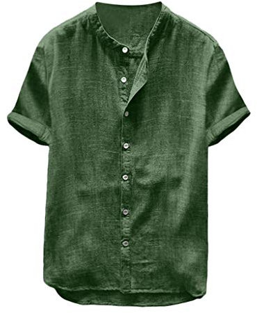 Xmiral Uomo Camicia Biancheria da in Cotone Rigato Lino Tinta Unita Camicetta a Maniche Corte T-Shirt (XL,16- Verde)
