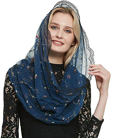Leimandy Orthodoxer Schleier Kopfbedeckung mit gestickten Blumen Katholische Kapelle Mantilla Schleier V50, Marineblau, One size