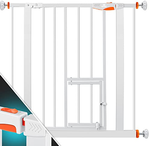 KIDIZ Absperrgitter zum Klemmen mit Katzenklappe, Türschutzgitter, Autoclose Kinder Treppengitter ohne Bohren | 90° Stopp Schutz, schwenkbar, Treppenschutzgitter, Weiß/Orange, Breite: 74-87 cm