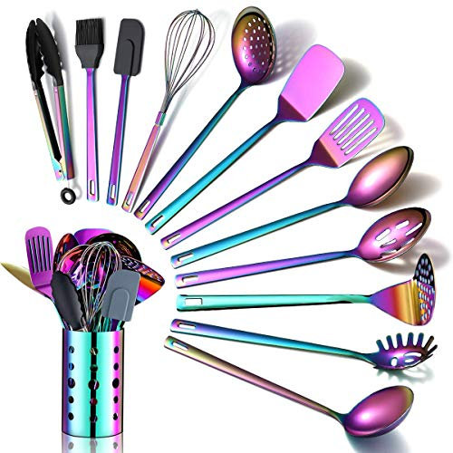Juego de utensilios de cocina arcoíris,juego de utensilios de cocina de acero inoxidable de 13 piezas con revestimiento de arcoíris de titanio,juego de utensilios de cocina con soporte para utensilios