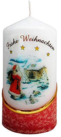 Meissner-Handel Auswahl Motiv, Weihnachtskerze 'Frohe Weihnachten' ca. 6 x 12 cm, farbig getaucht, mit farbigen Wachs- und Bildauflagen * (Motiv 036)