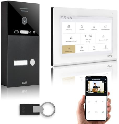 GVS - IP Video Türsprechanlage mit Türöffner, RFID Zugang, HD Kamera, 1x 7 Zoll Monitor & App - Smarte Video Türklingel mit Kamera & Gegensprechanlage für 1 Familienhaus (AVS4462A)