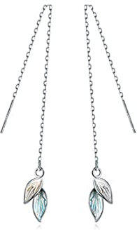 Reffeer Solide 925 Sterling Silber Blatt Baumeln Ohrringe für Frauen - Blatt Tropfen Earrings mit Einfädler und Kettenohrringe (A-Silver)