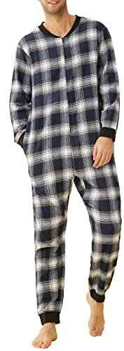 Latuza Herren Einteiler Baumwolle Flanell Onesie Erwachsene Einteiler Pyjama Jumpsuit, Marineblau, Large