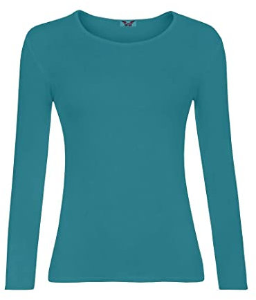 KATSSI Women’s Ladies Long Sleeve Stretch Plain Round Scoop Neck T Shirt Top XL Teal