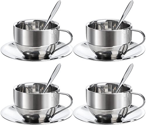Okllen 4 Stück Edelstahl-Kaffeetassen-Set, 180 ml Kaffeetassen mit Löffel und Untertasse, doppelwandige Espressotassen Isolierbecher für Kaffee, Latte, Tee, Milch