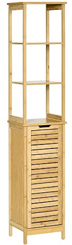 kleankin Mobile Bagno con 3 Ripiani e 1 Credenza, Colonna Bagno Salvaspazio Design a Doghe in Bambù, 34x30x173cm, Color Naturale