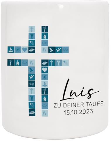 Personalisierte Spardose mit Wunschnamen als Geschenk zur Kommunion/Konfirmation/Firmung mit Namen, Datum und Wunschtext für Mädchen und Junge | Kreuz Blau