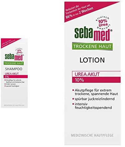 VORTEILSPACK: SEBAMED Trockene Haut Shampoo Urea Akut 5% + Sebamed Trockene Haut Lotion Urea 10% Akut, Pflegeset gegen Trockene Haut, Made in Germany, ohne Mikroplastik
