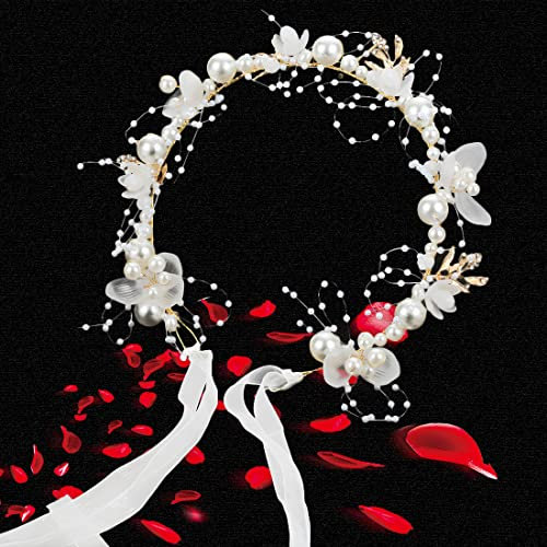 FUKPO Haarschmuck Hochzeit, Braut Stirnband Brautjungfer Haarband Blumen Kristall Perlen, Haarschmuck Kommunion Mädchen Damen, Brautschmuck Haare, Kopfschmuck, Haarkranz (Silber Weiß)