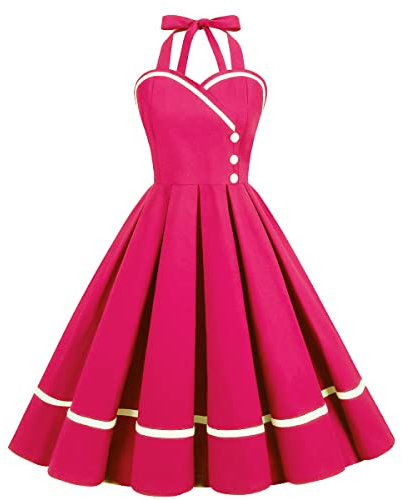 Femme Robe Soirée Cocktail Vintage rétro année 1950 Audrey Hepburn pin-up Rockabilly Swing Robe Halter Chic et Elegante Rose M
