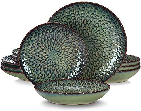 Vancasso - Chrys - Service de table - En grès - Idéal pour 4 à 12 personnes - Lot de 12 pièces constituées d’assiettes plates, d’assiettes à soupe et d’assiettes à gâteau