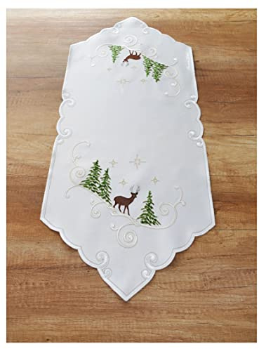 Bestickte Stickerei-Läufer Winterhirsch Satin | Größe 38x84 cm | atelier alles-Spitze Festliche Tischdekoration Cremeweiß bestickt mit Tannen und Hirsch, Hochwertige Tischwäsche