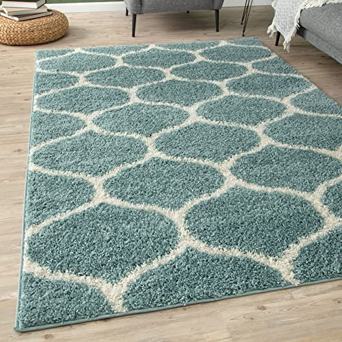 THE RUGS Shaggy Rug – Modern Moroccan Design Rugs for Living Room, Bedroom, Hallway, 3 cm Thick Area Rugs, (Trellis Duck egg blue/Ivory, 80x300cm)