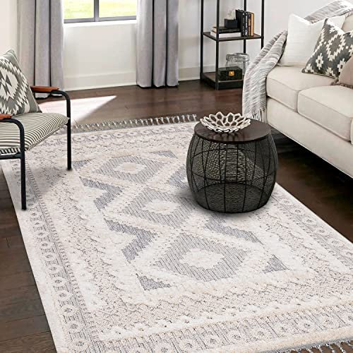 payé Teppich Wohnzimmer Vintage - 120x170cm Creme Grau - Fransen Deko Boho Flauschig - Cut & Loop Sisal - Schlafzimmer Flur Dekoration Läufer - Orientalische Teppiche