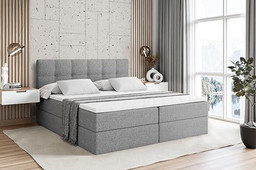 ALTDECOR Boxspringbett mit Matratze und Lattenrost, Boxbett, Topper, Polsterbett mit Bettkasten, Bett mit Stauraum H4-Matratze, Doppelbett, Springboxbett - Marce - 140x200 - Grau
