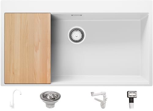 PRIMAGRAN Fregadero Granito Blanco 88x50cm, Cocina 1 Seno + Grifo 32x20cm + Sifón + Tabla de cortar, Sobre encimera al mueble 90cm - Oslo