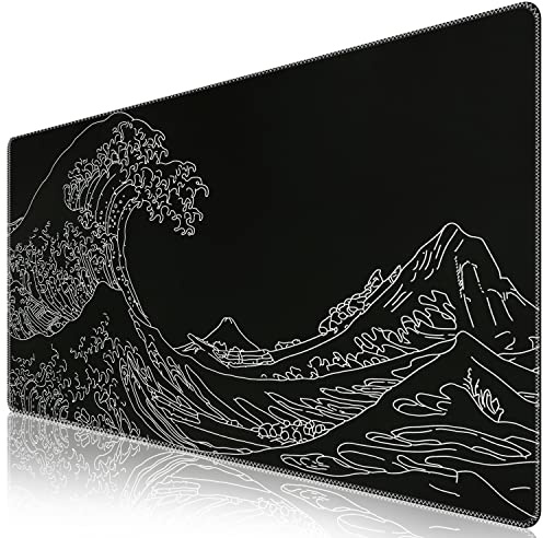 iCasso Erweitertes Gaming-Mauspad (89.9x39.9 cm), großes stabiles Gummi-Mauspad mit genähten Kanten, Tastatur-Mauspad, Schreibtischunterlage für Arbeit, Büro, Zuhause – schwarze Welle von Kanagawa