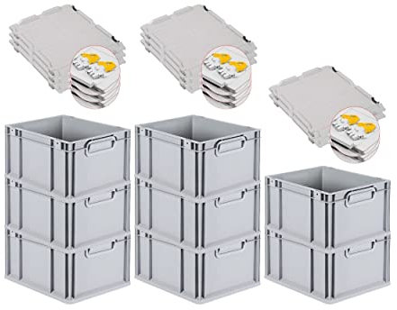 PROREGAL SuperSparSet 8x Eurobox NextGen Grip mit Scharnierdeckel und gelben Schiebeschnappverschlüssen, HxBxT 22x30x40cm, 20 L, Grau, Griffe geschlossen, Eurobehälter, Transportbox