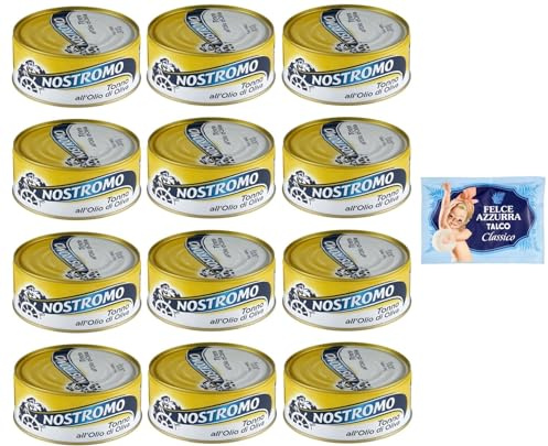 12er-Pack Nostromo Thunfisch Tonno all'Olio di Oliva,Thunfisch in Olivenöl,300g Dose + 1er-Pack Kostenlos Felce Azzurra Talkumpuder, 100g-Beutel